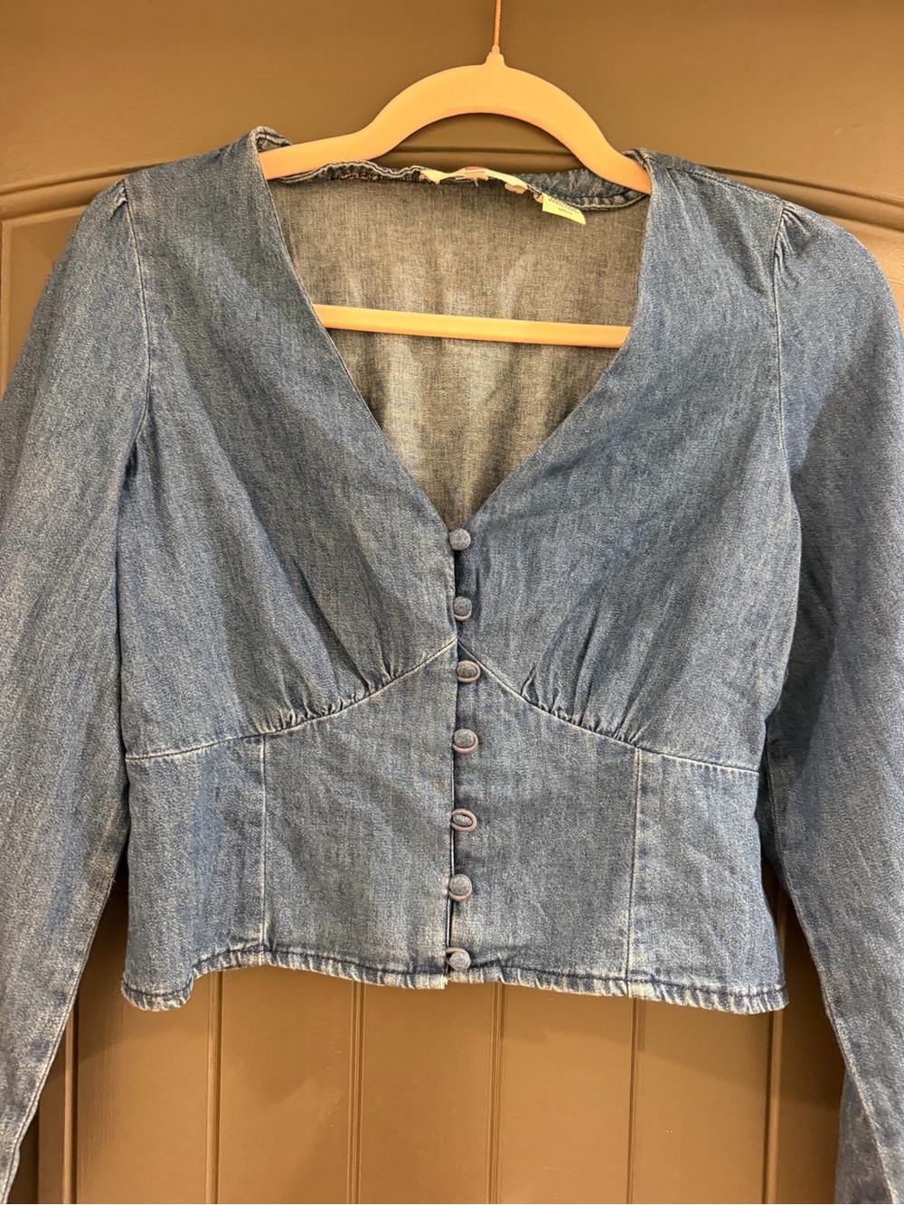 Levi’s Women’s Denim Button Front Top Size S Ruched Bust Corset Long Sleeve Y2K